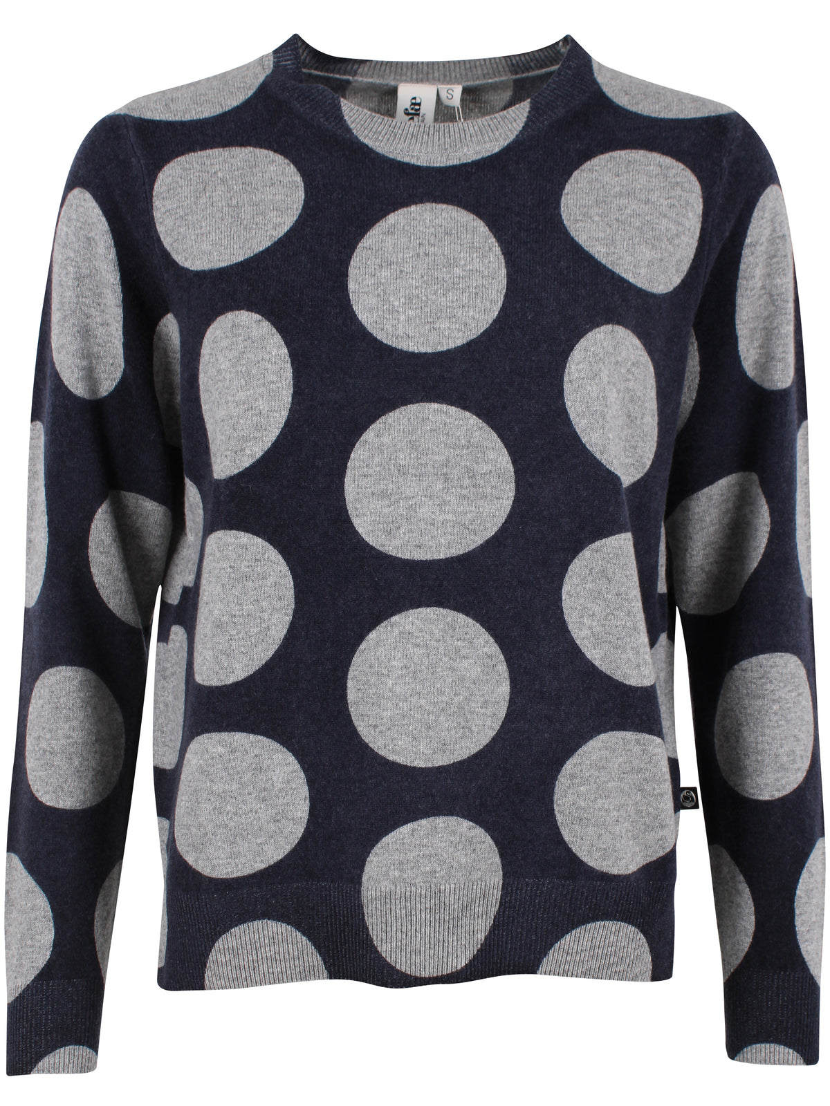 Smart navyblå sweater i 100% merinould med rund hals og grå prikker til kvinder