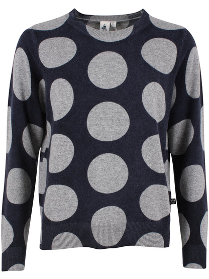 Smart navyblå sweater i 100% merinould med rund hals og grå prikker til kvinder