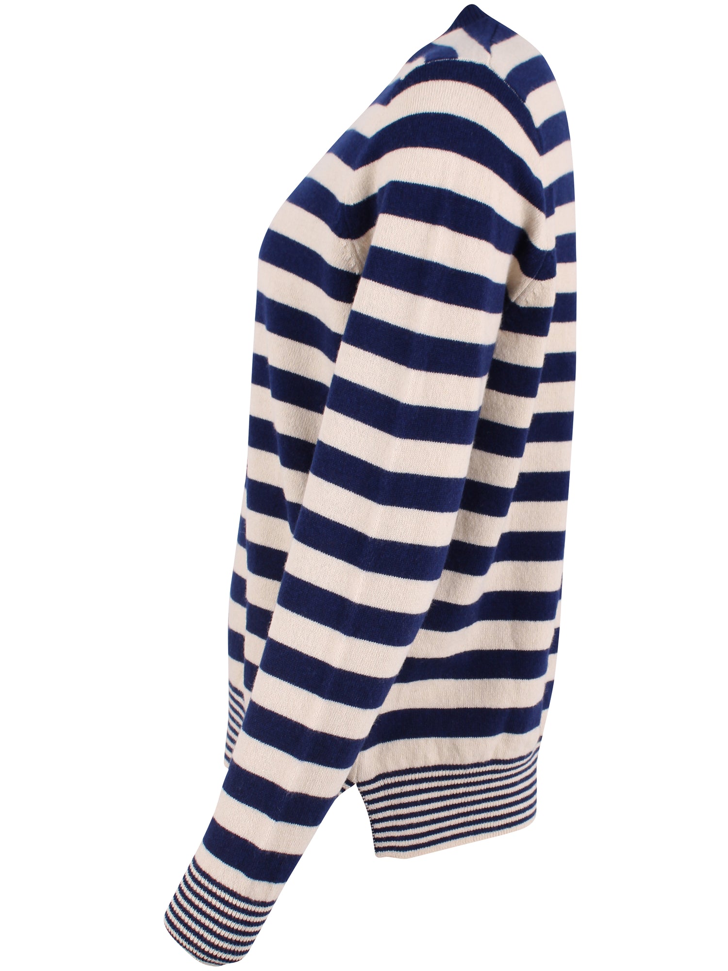 Smart sweater i 100% merinould med rund hals og blå og beige striber til kvinder