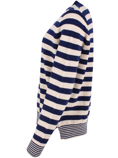 Smart sweater i 100% merinould med rund hals og blå og beige striber til kvinder