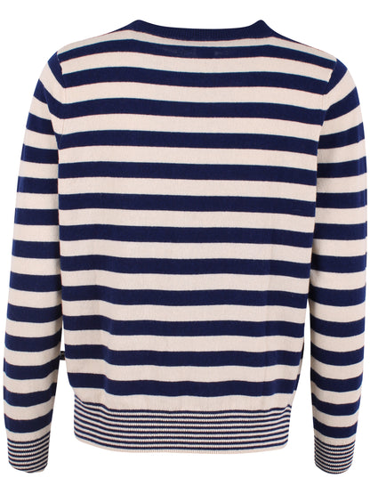 Smart sweater i 100% merinould med rund hals og blå og beige striber til kvinder