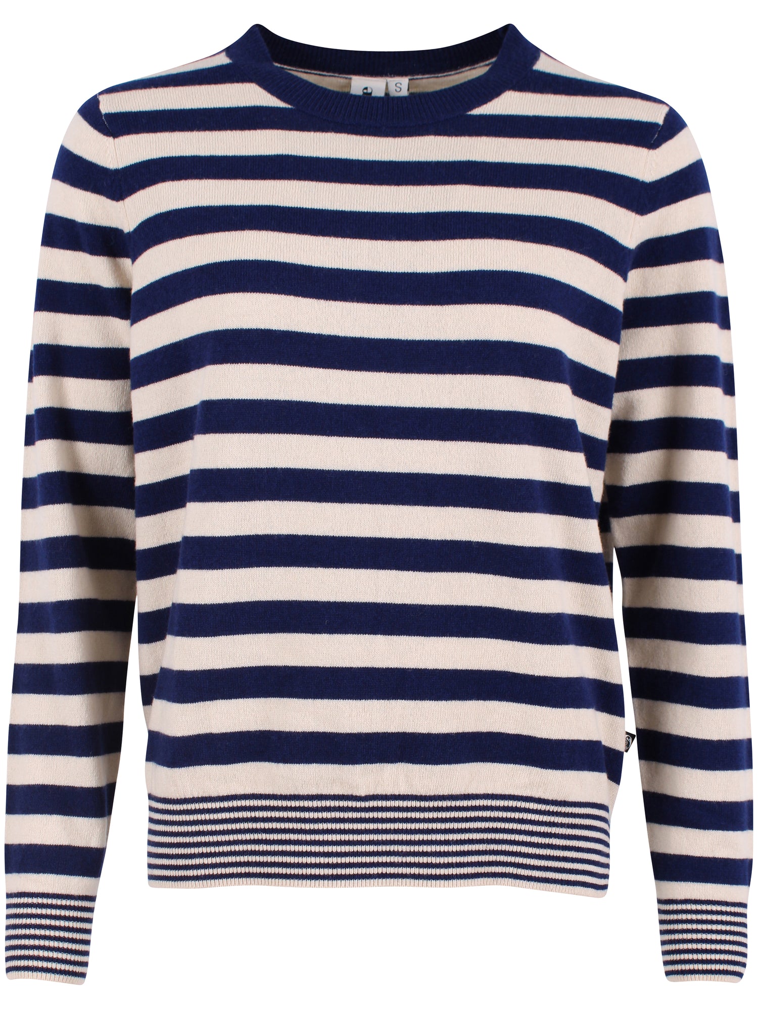 Smart sweater i 100% merinould med rund hals og blå og beige striber til kvinder