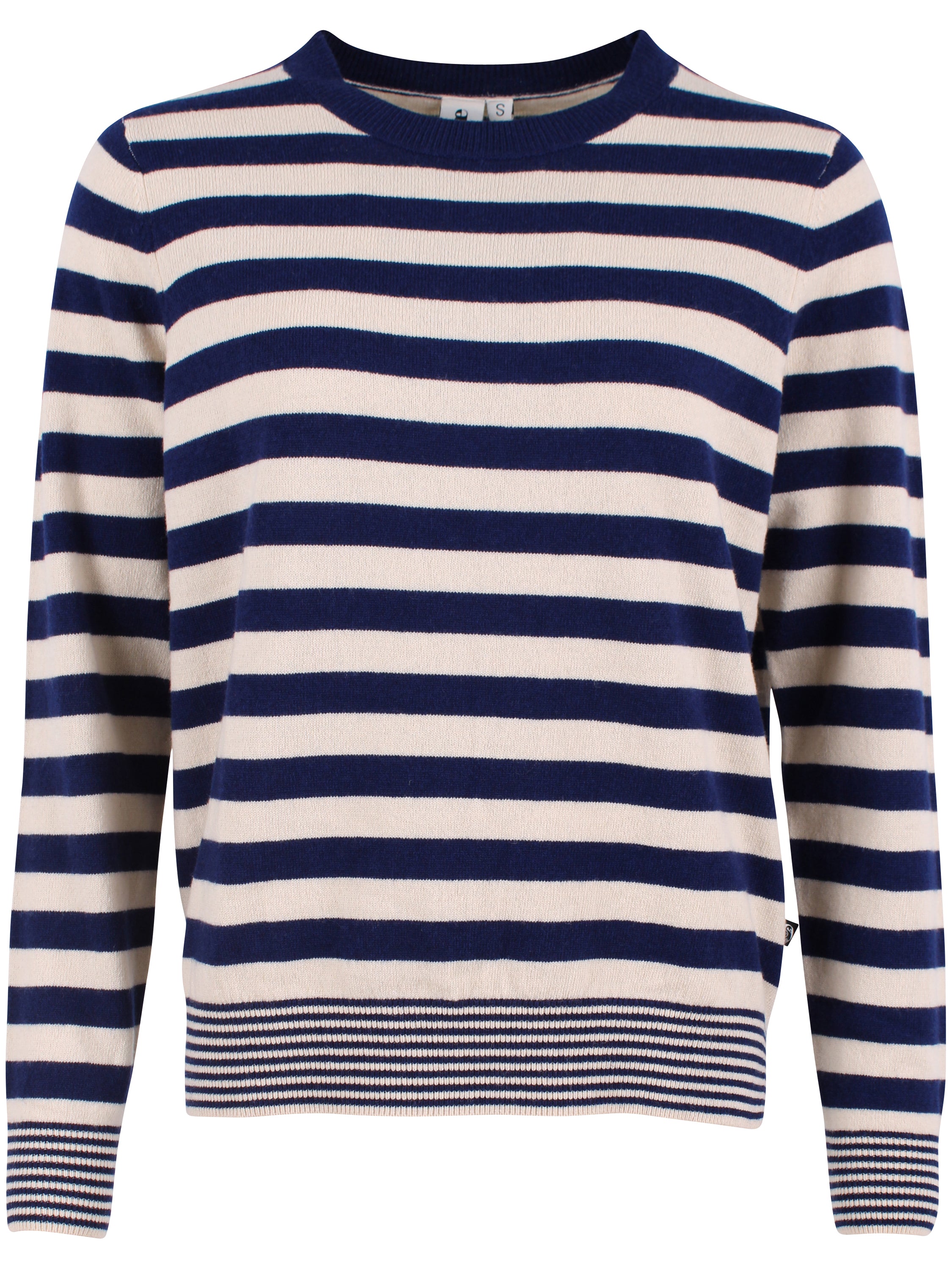 Smart sweater i 100% merinould med rund hals og blå og beige striber til kvinder