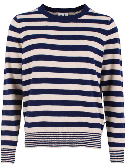 Smart sweater i 100% merinould med rund hals og blå og beige striber til kvinder