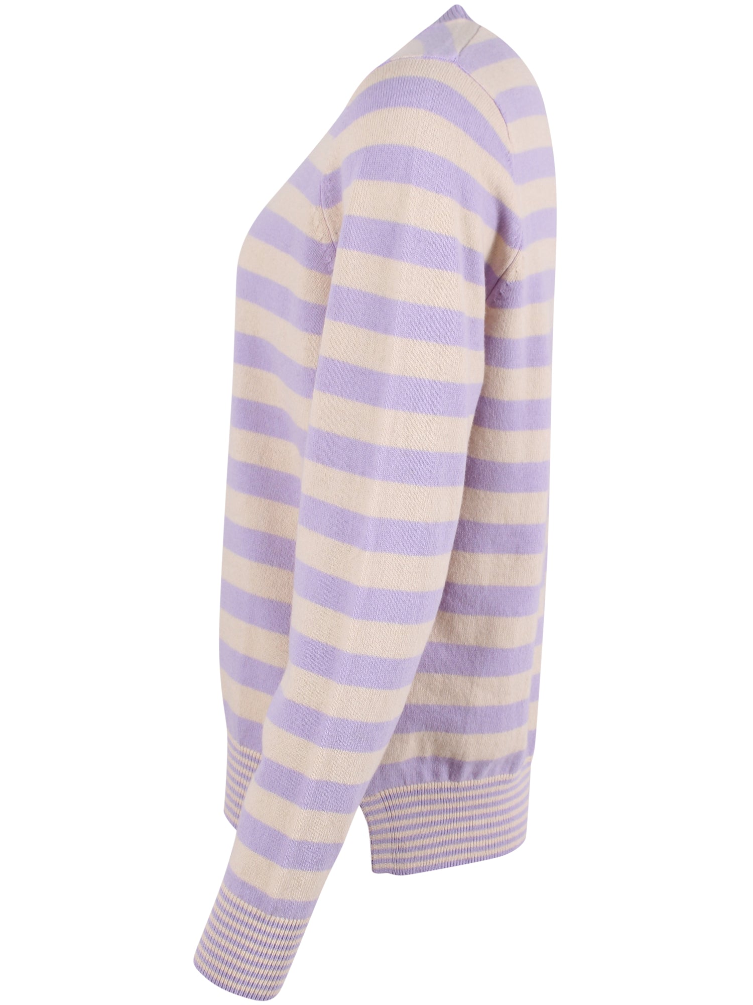 Smart sweater i 100% merinould med rund hals og lyslilla og beige striber til kvinder