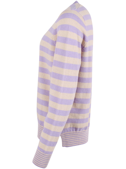 Smart sweater i 100% merinould med rund hals og lyslilla og beige striber til kvinder