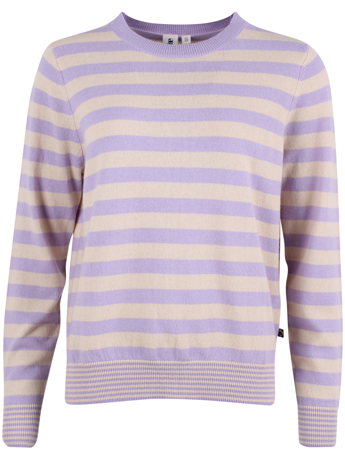 Smart sweater i 100% merinould med rund hals og lyslilla og beige striber til kvinder