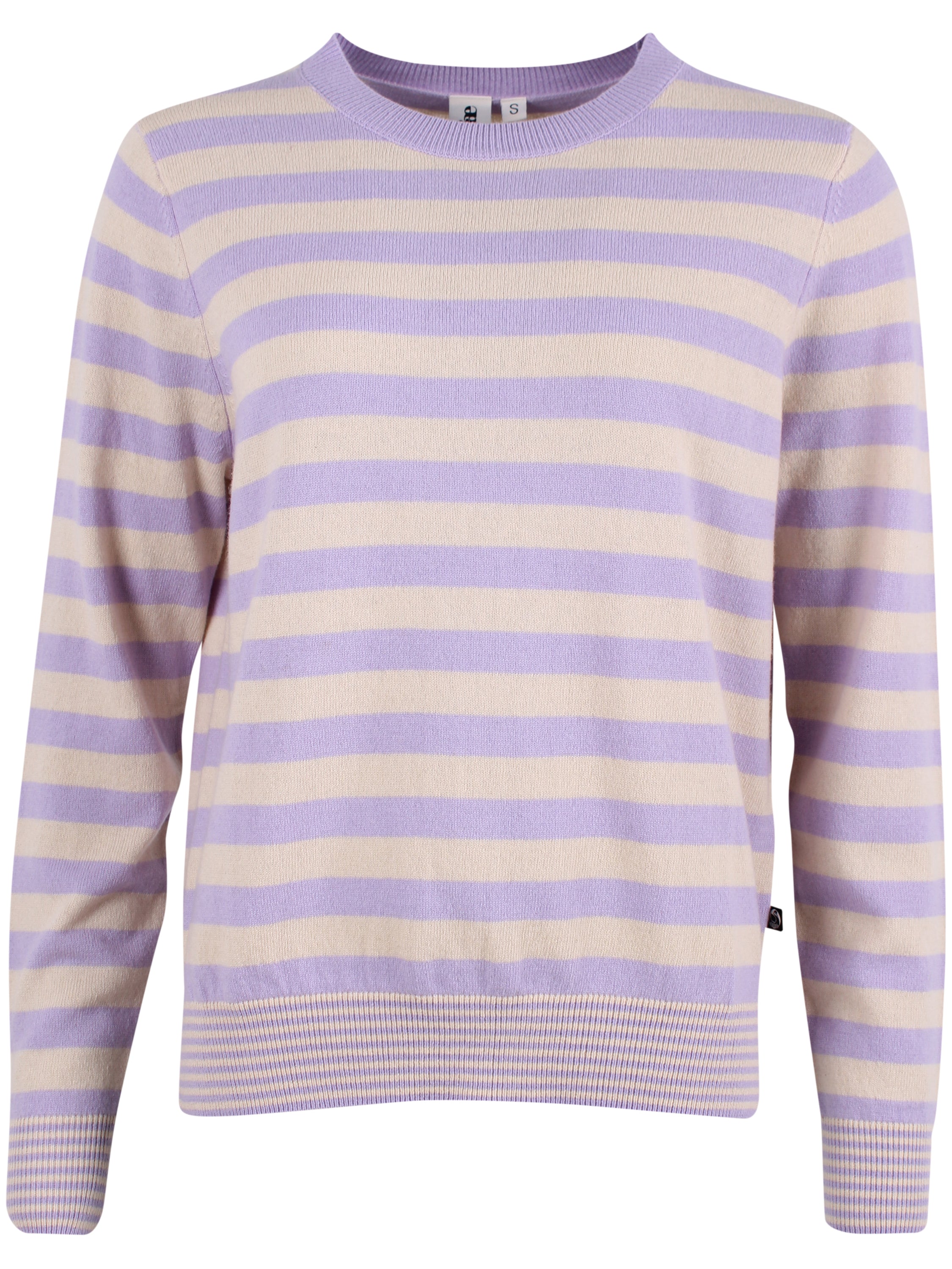 Smart sweater i 100% merinould med rund hals og lyslilla og beige striber til kvinder