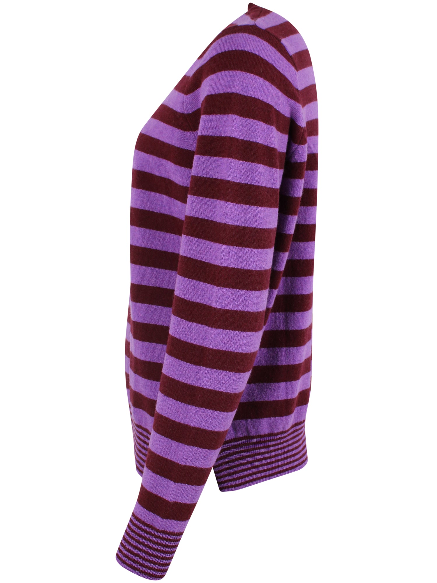 Smart sweater i 100% merinould med rund hals og vinrøde og lilla striber til kvinder