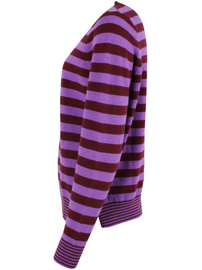 Smart sweater i 100% merinould med rund hals og vinrøde og lilla striber til kvinder