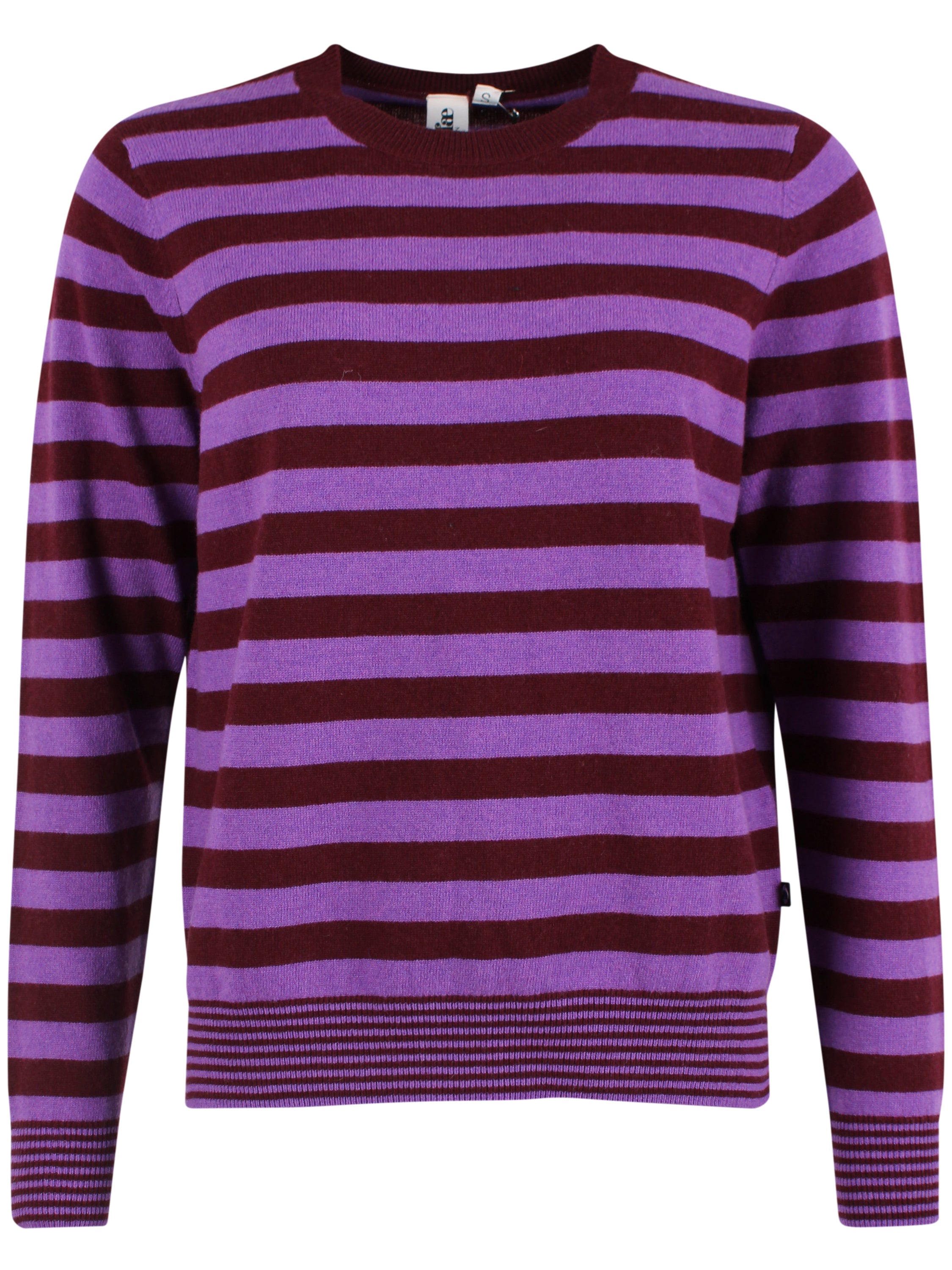Smart sweater i 100% merinould med rund hals og vinrøde og lilla striber til kvinder