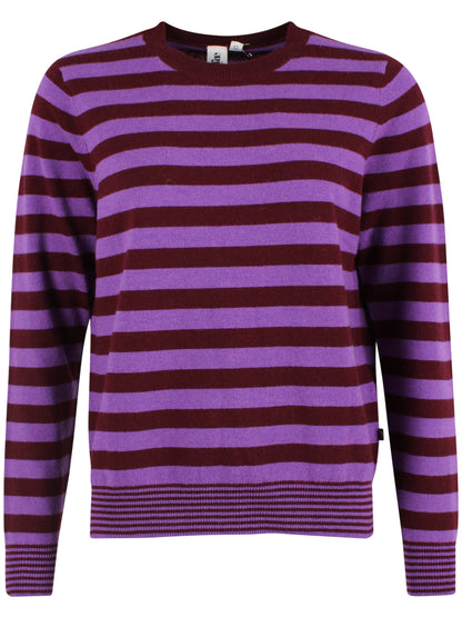 Smart sweater i 100% merinould med rund hals og vinrøde og lilla striber til kvinder