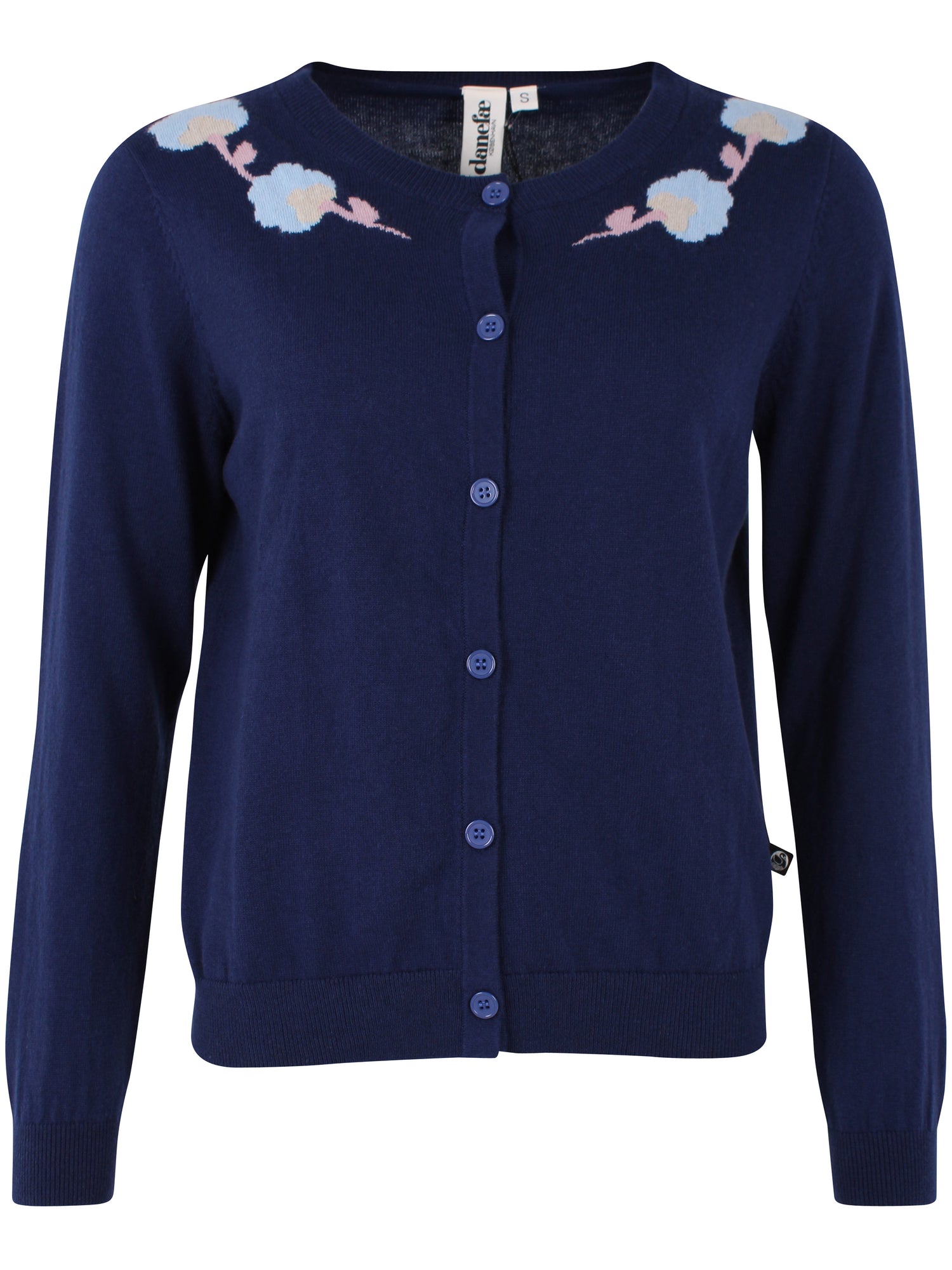 Lækker mørkeblå cardigan med fint blomstermønster til kvinder