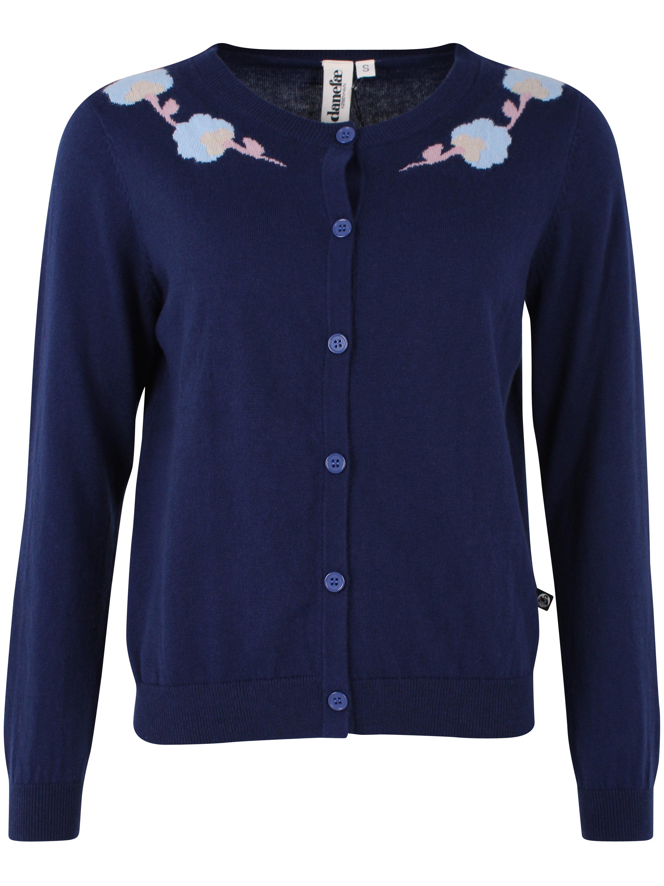 Lækker mørkeblå cardigan med fint blomstermønster til kvinder