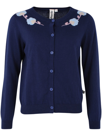 Lækker mørkeblå cardigan med fint blomstermønster til kvinder