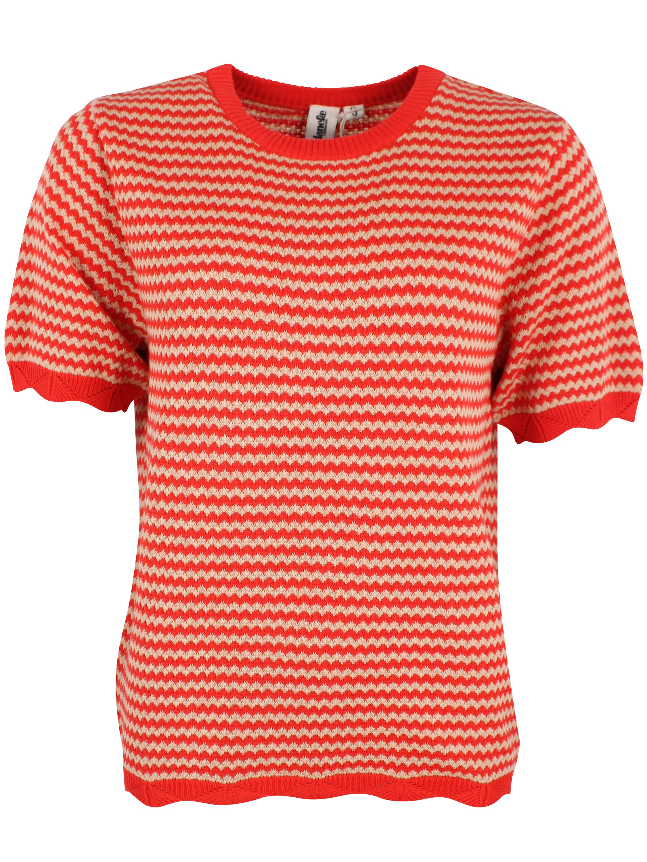 Fin kortærmet sweater i perlestrik med bølgede striber i rød og varm sandfarve