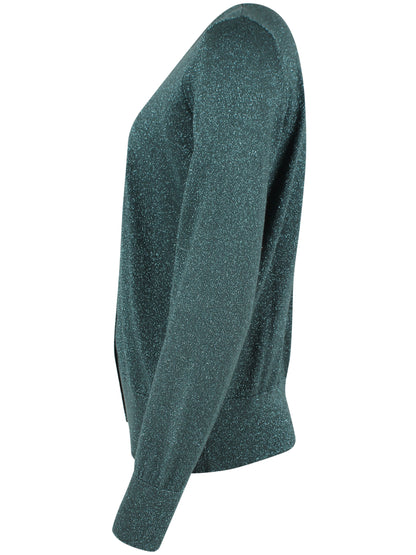 Lækker mørkegrøn cardigan med glitter og rund hals til kvinder