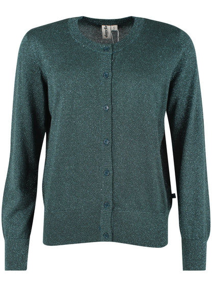 Lækker mørkegrøn cardigan med glitter og rund hals til kvinder