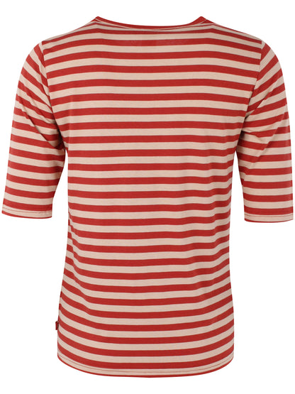 Lækker t-shirt med striber i brændt rød og varm sandfarve til kvinder