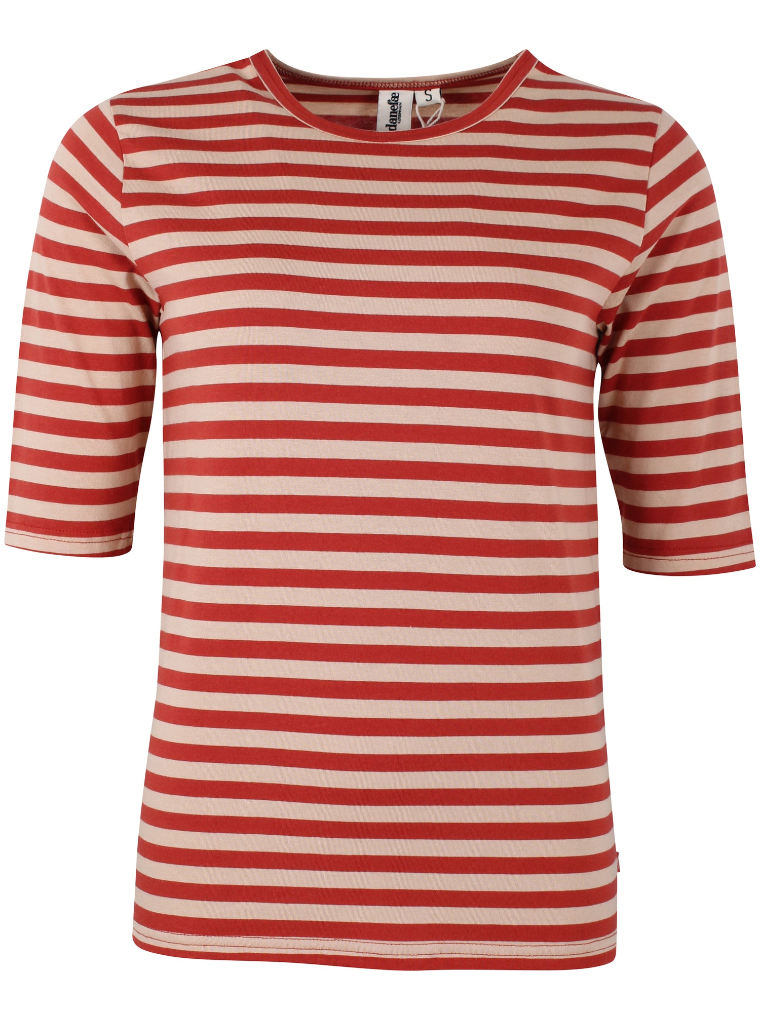 Lækker t-shirt med striber i brændt rød og varm sandfarve til kvinder