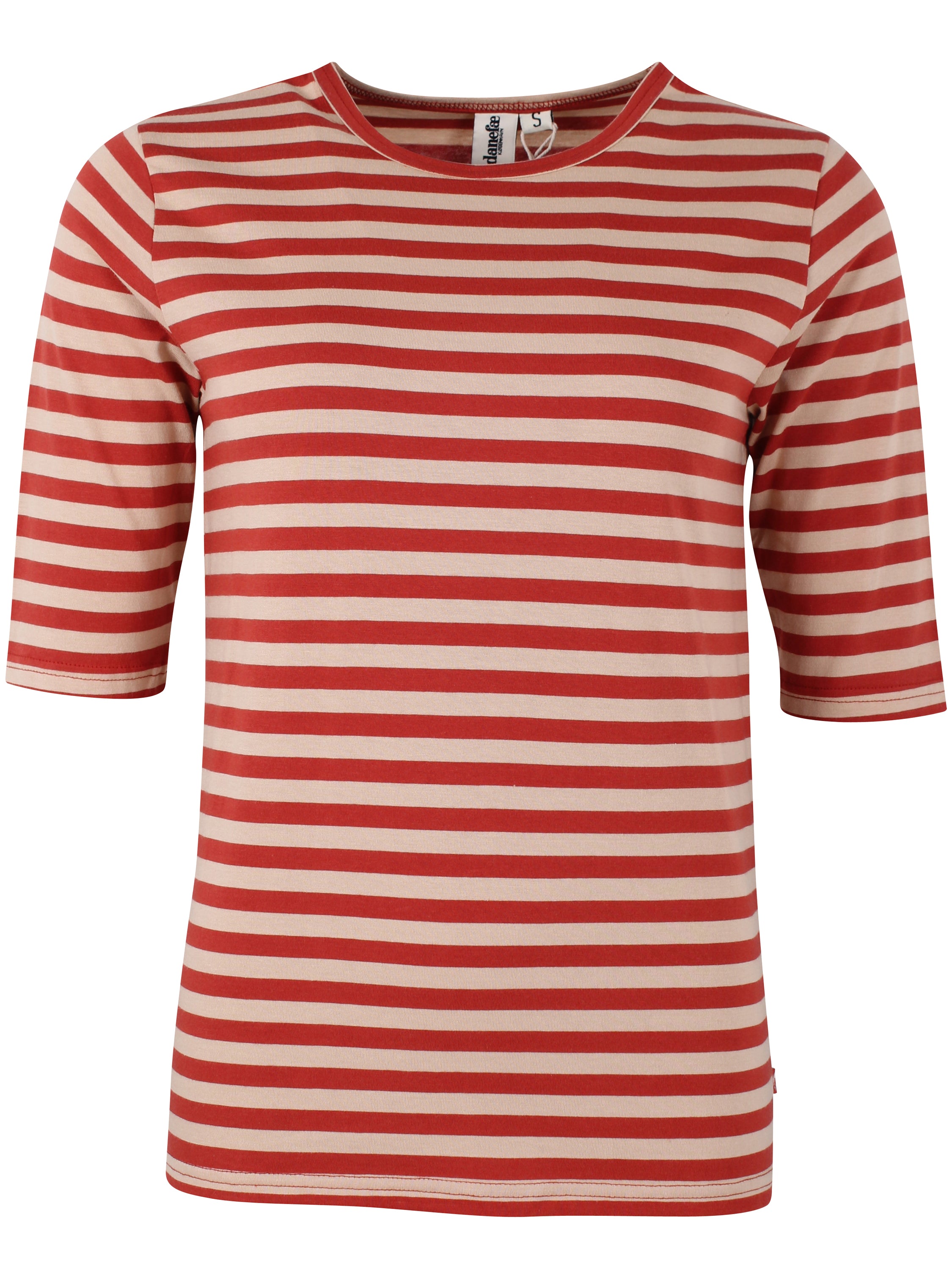 Lækker t-shirt med striber i brændt rød og varm sandfarve til kvinder