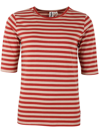 Lækker t-shirt med striber i brændt rød og varm sandfarve til kvinder
