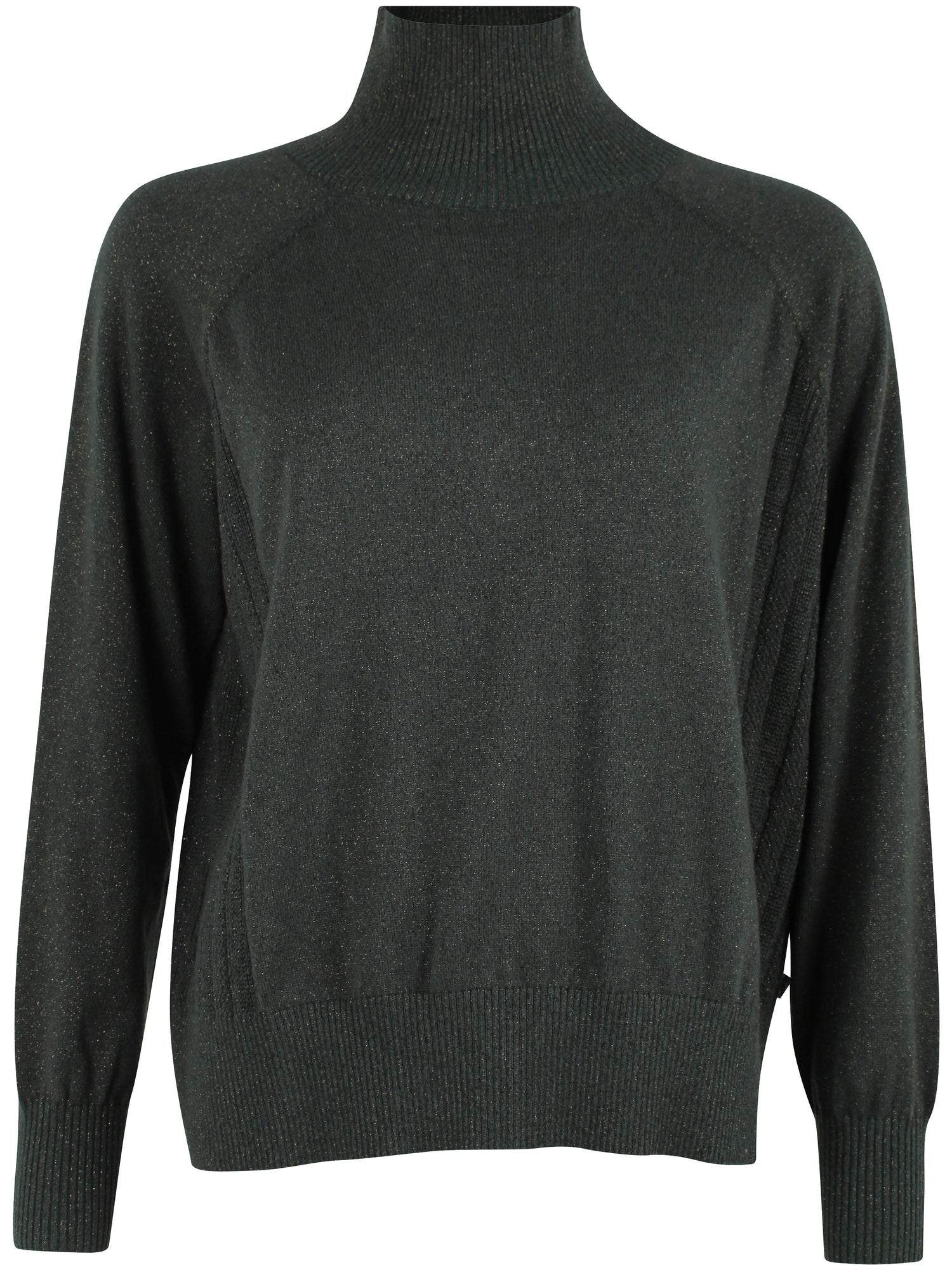 Flot højhalset sweater i armygrøn med glittereffekt i uldblanding til kvinder