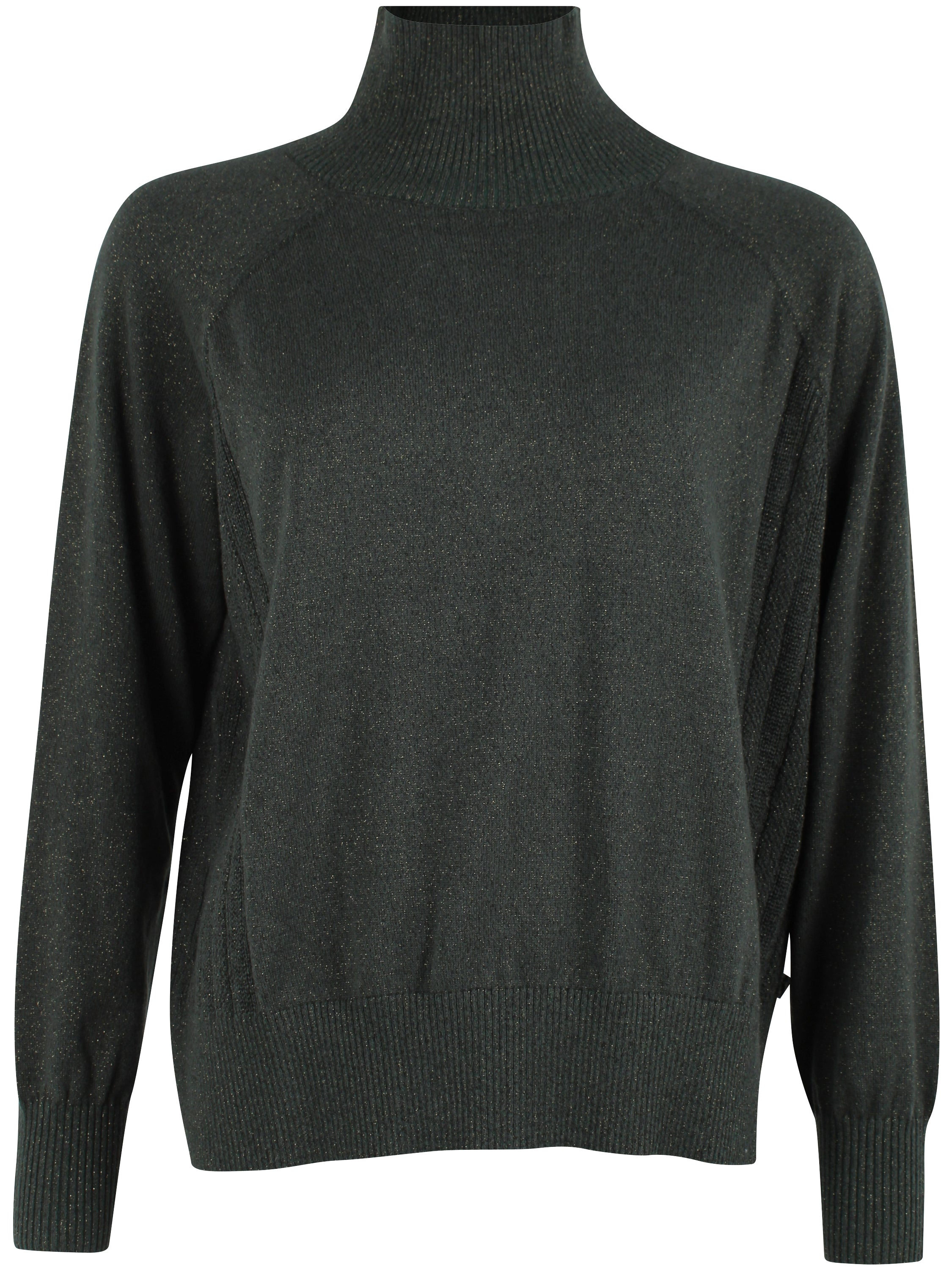 Flot højhalset sweater i armygrøn med glittereffekt i uldblanding til kvinder