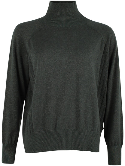 Flot højhalset sweater i armygrøn med glittereffekt i uldblanding til kvinder