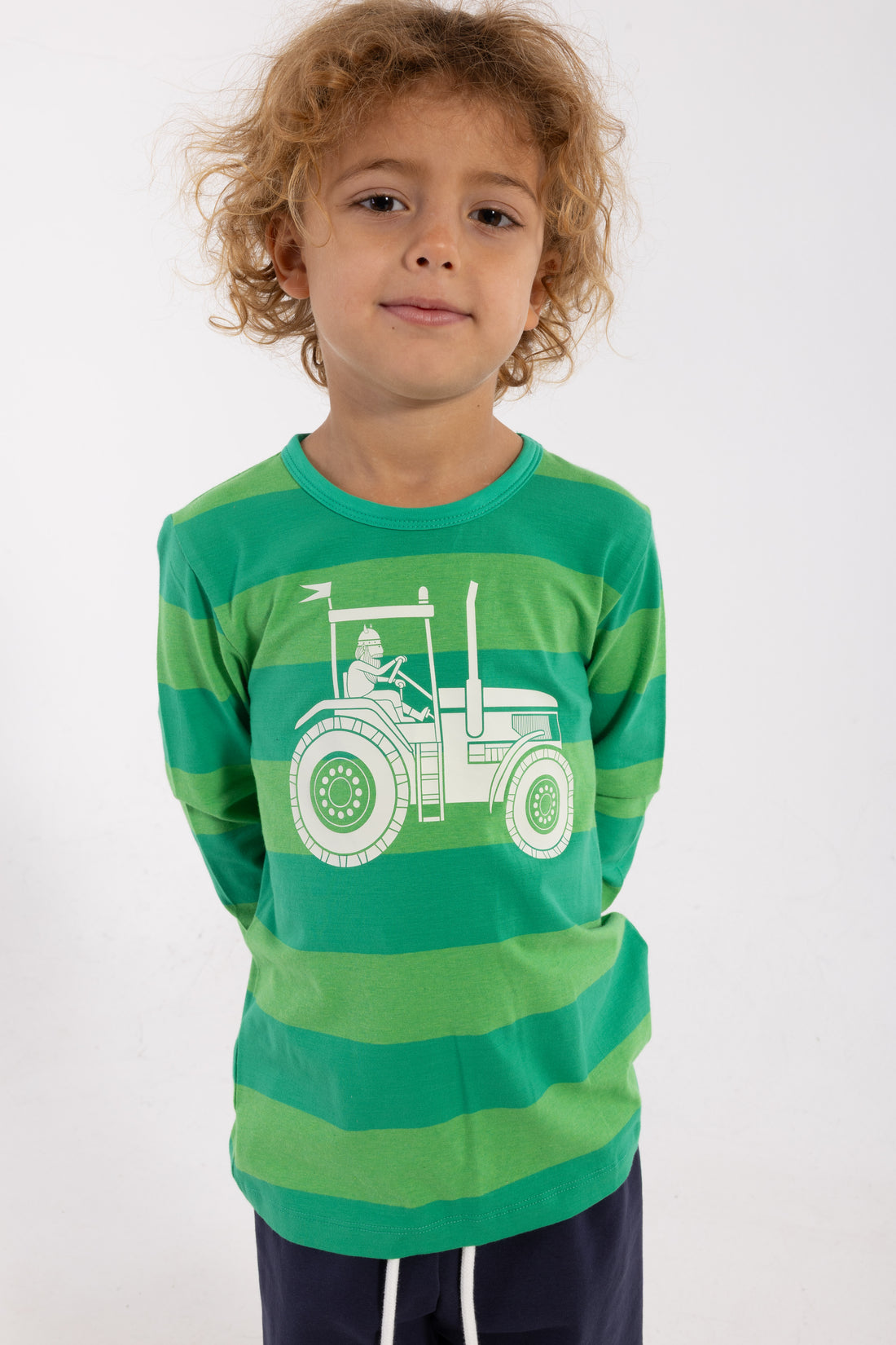 Stribet bluse i bomuld til børn med print af viking på traktor