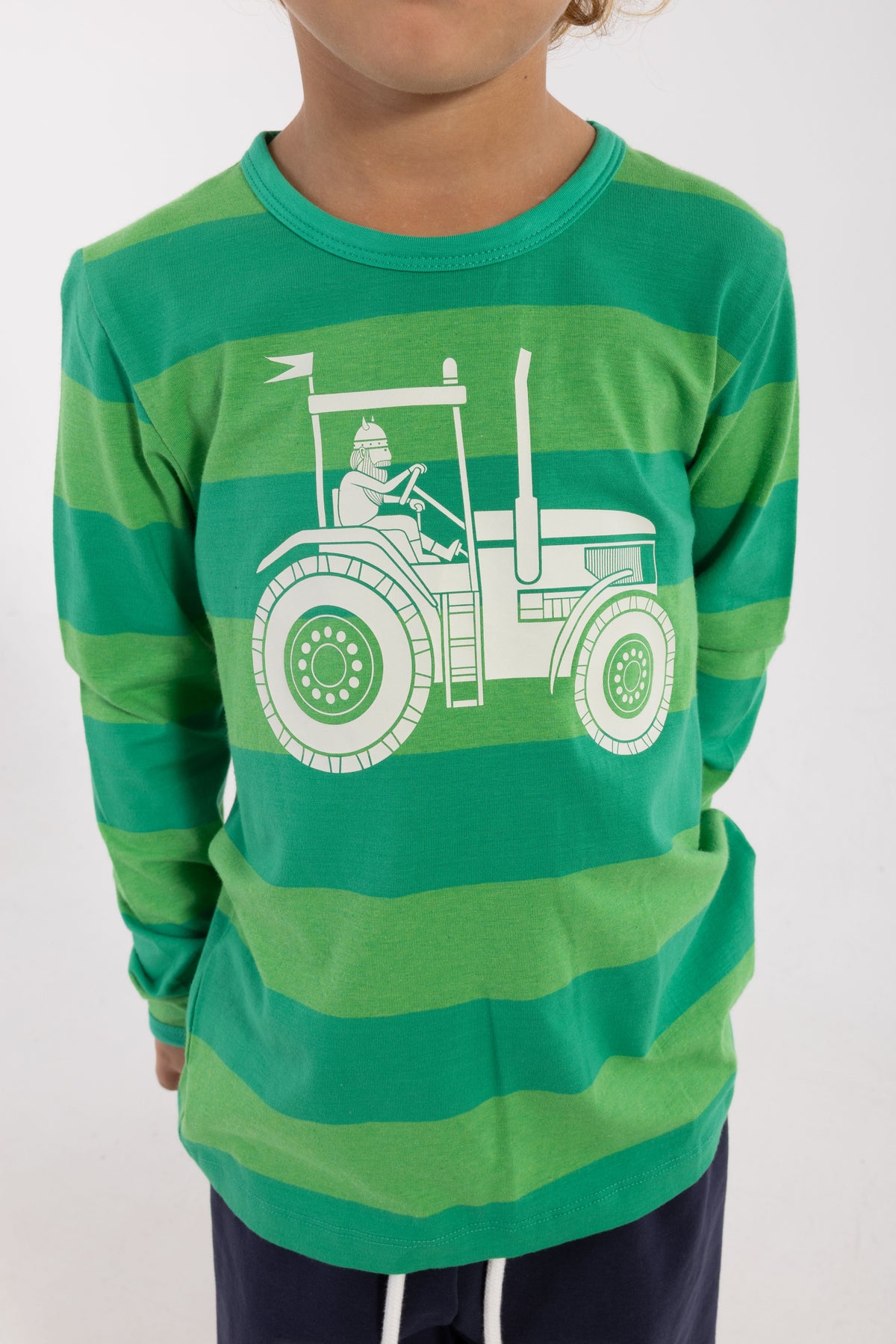 Stribet bluse i bomuld til børn med print af viking på traktor