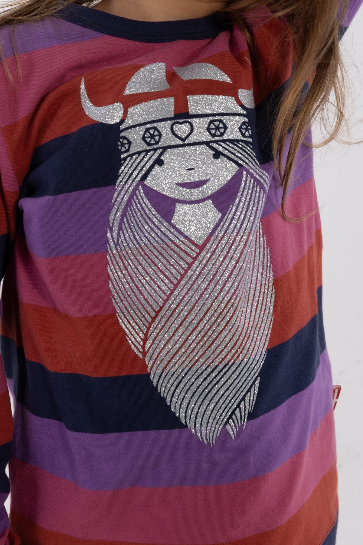 Stribet bluse i bomuld til børn med glitterprint af vikingen Freja