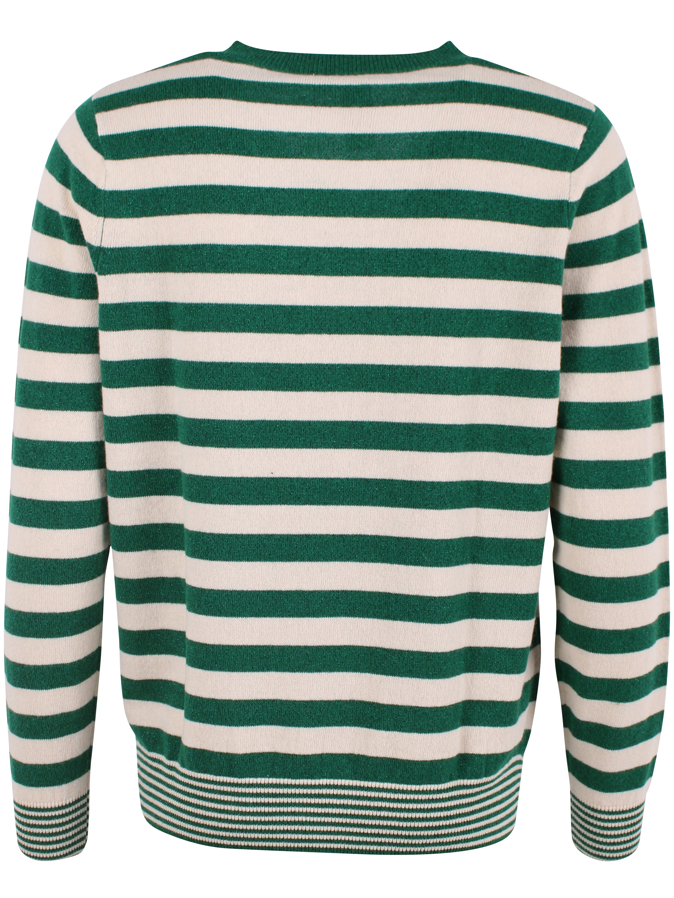 Fin sweater i merinould med v-hals og striber i grøn med glitter og beige til kvinder