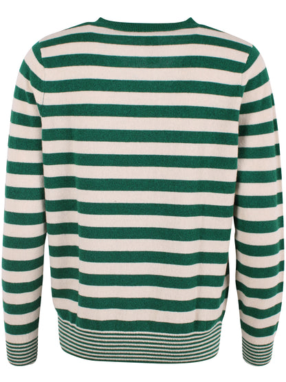 Fin sweater i merinould med v-hals og striber i grøn med glitter og beige til kvinder