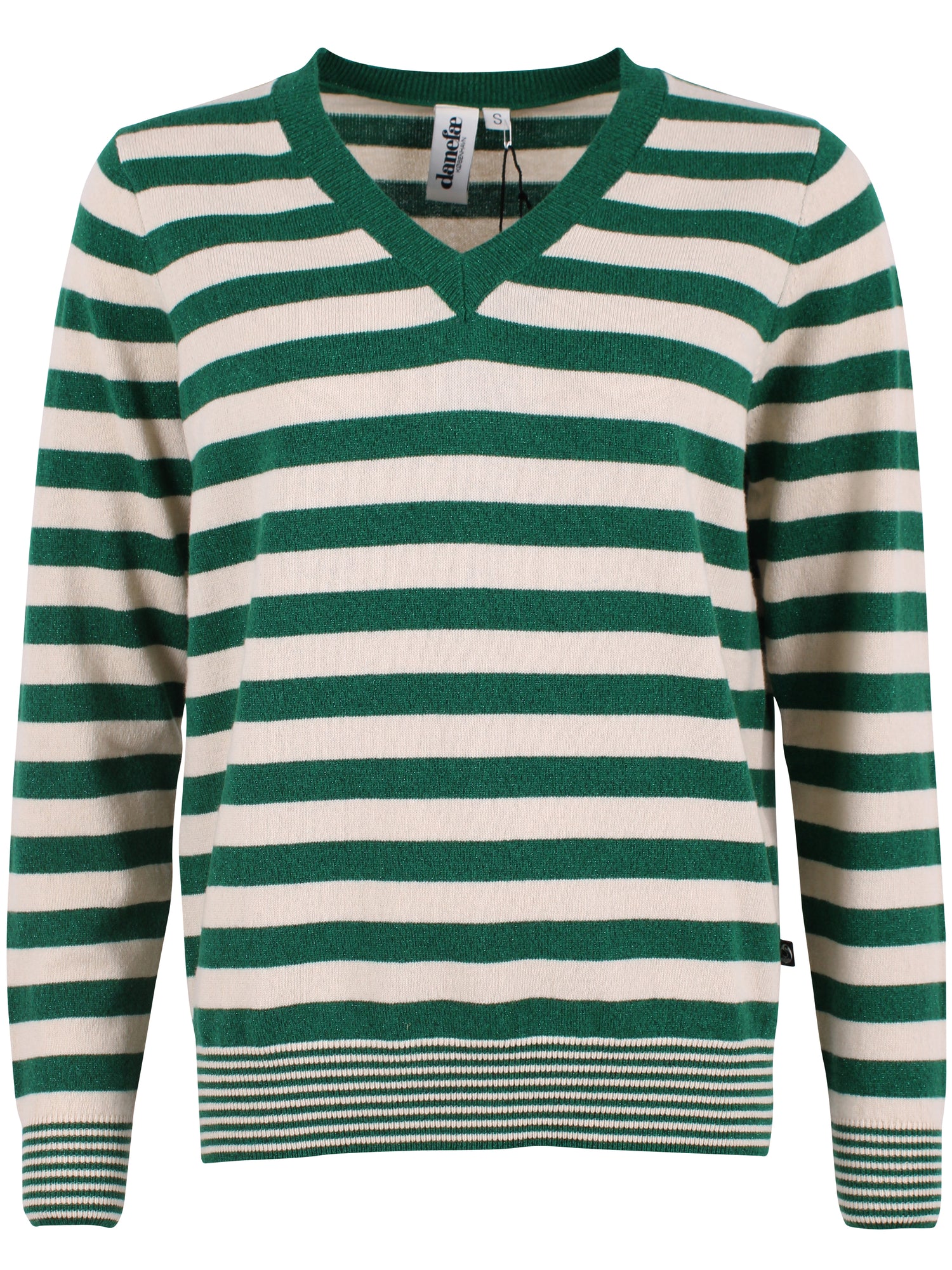 Fin sweater i merinould med v-hals og striber i grøn med glitter og beige til kvinder
