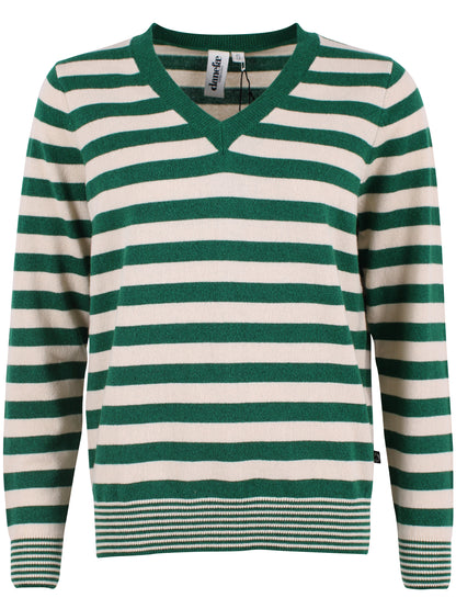Fin sweater i merinould med v-hals og striber i grøn med glitter og beige til kvinder