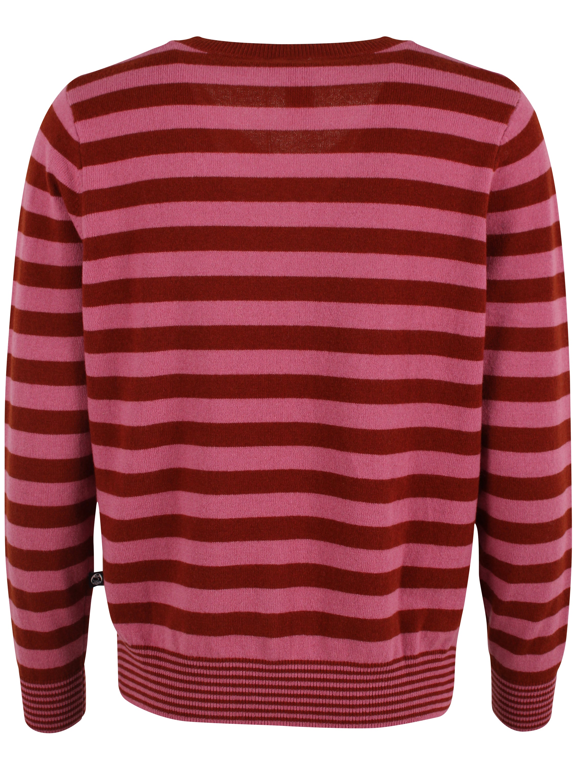 Flot sweater i 100% merinould med v-hals og røde og lyserøde striber til kvinder