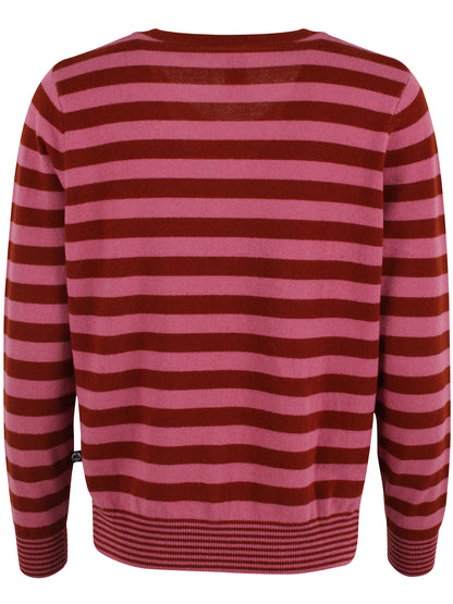 Flot sweater i 100% merinould med v-hals og røde og lyserøde striber til kvinder