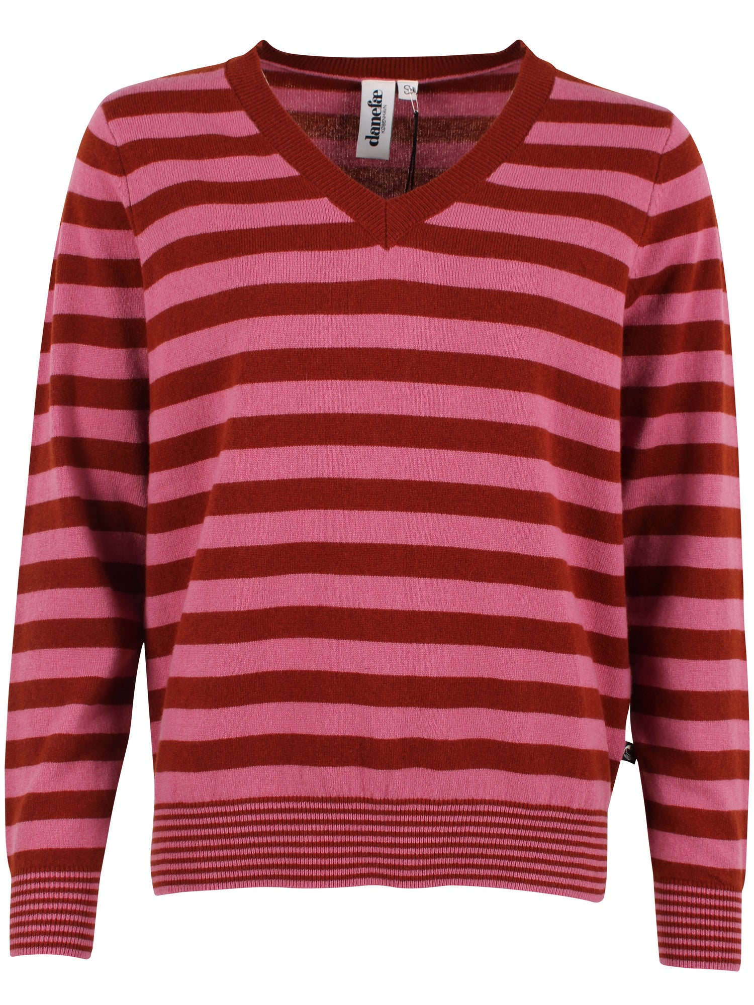 Flot sweater i 100% merinould med v-hals og røde og lyserøde striber til kvinder