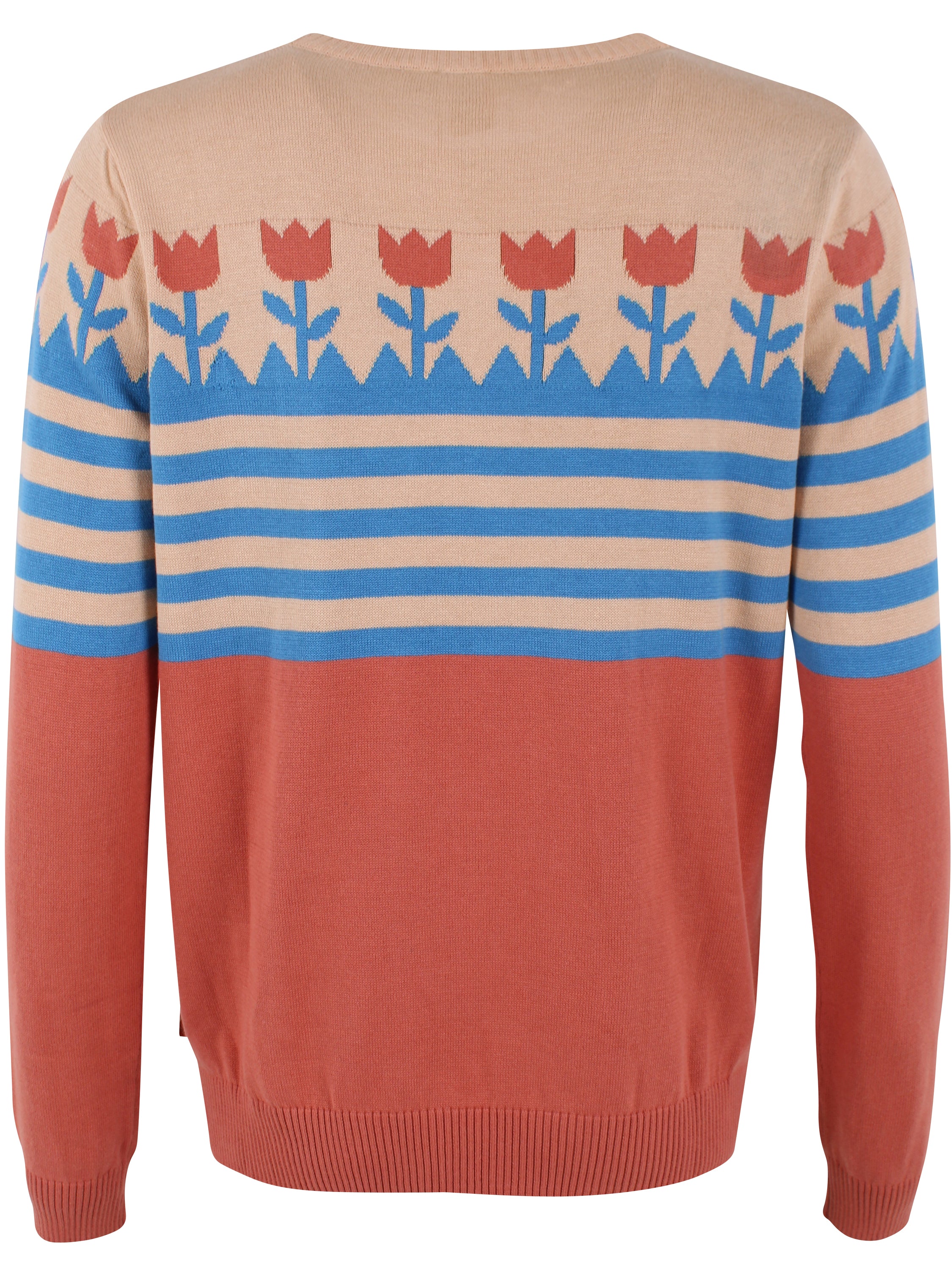Fin sweater i orangebrun nuance med striber og flot mønster med tulipaner 