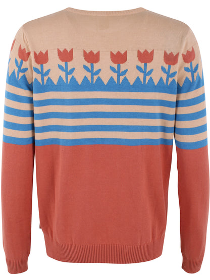 Fin sweater i orangebrun nuance med striber og flot mønster med tulipaner 