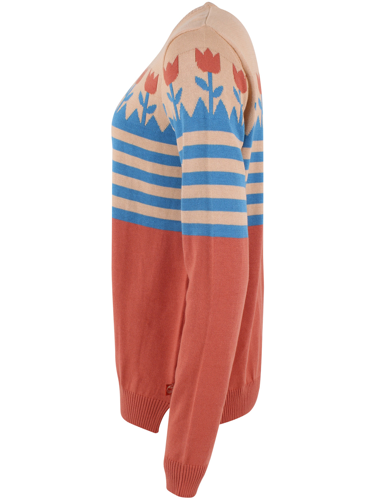 Fin sweater i orangebrun nuance med striber og flot mønster med tulipaner 