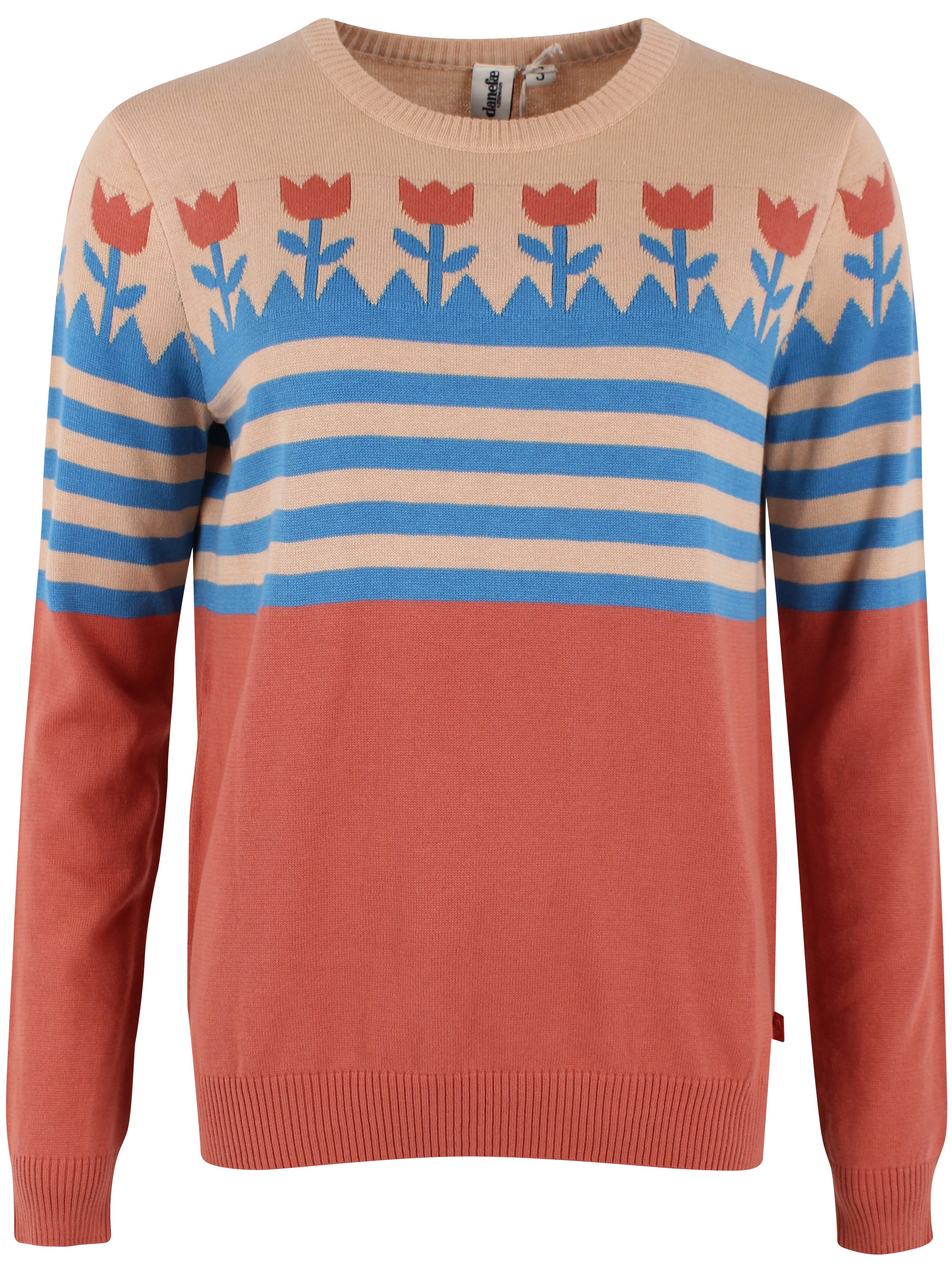 Fin sweater i orangebrun nuance med striber og flot mønster med tulipaner 