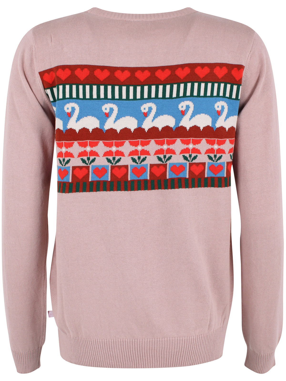 Fin sweater i støvet rosa med flot mønster af svaner og hjerter til kvinder