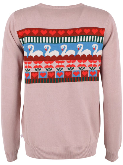 Fin sweater i støvet rosa med flot mønster af svaner og hjerter til kvinder