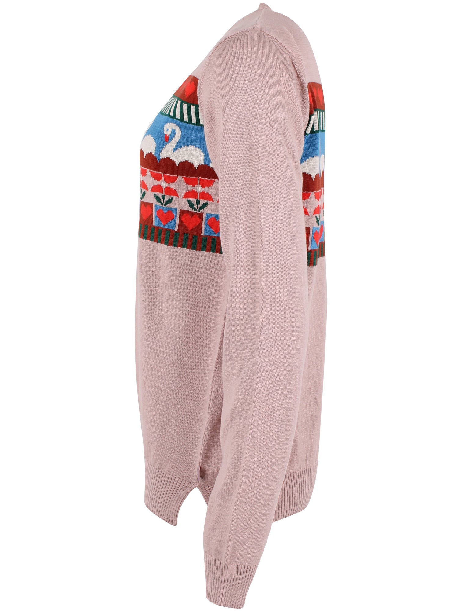 Fin sweater i støvet rosa med flot mønster af svaner og hjerter til kvinder