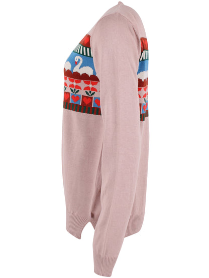 Fin sweater i støvet rosa med flot mønster af svaner og hjerter til kvinder