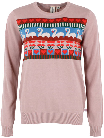 Fin sweater i støvet rosa med flot mønster af svaner og hjerter til kvinder