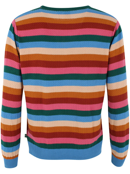 Sød perlestrikket sweater med farverige striber til kvinder