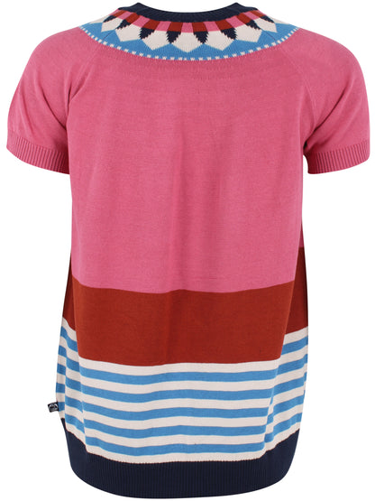 Sød farverig sweater i lyserøde, blå og hvide nuancer til kvinder